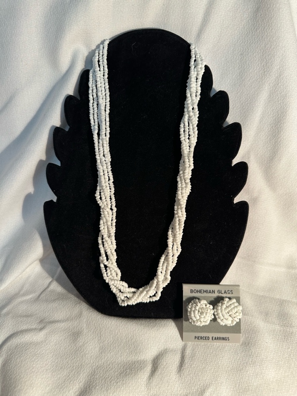 Vintage Bohemian Glass White Multi-Strand Necklace (26”) and Post Earrings Set